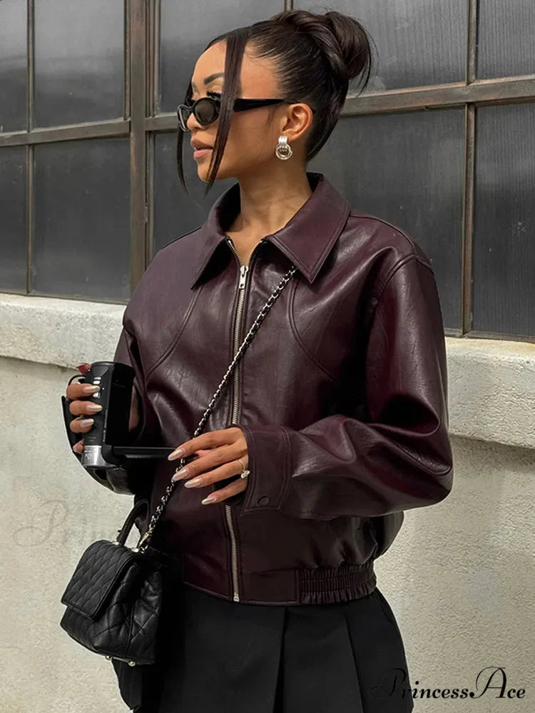 Korean Black Leather Winter Long Moto Biker Zipper Streetwear Loose Jacket Wine red / S