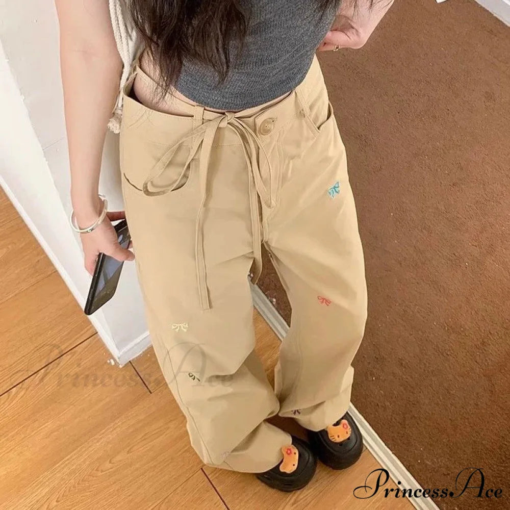 Korean Butterfly Stitched Trousers Khaki / S pants-241228