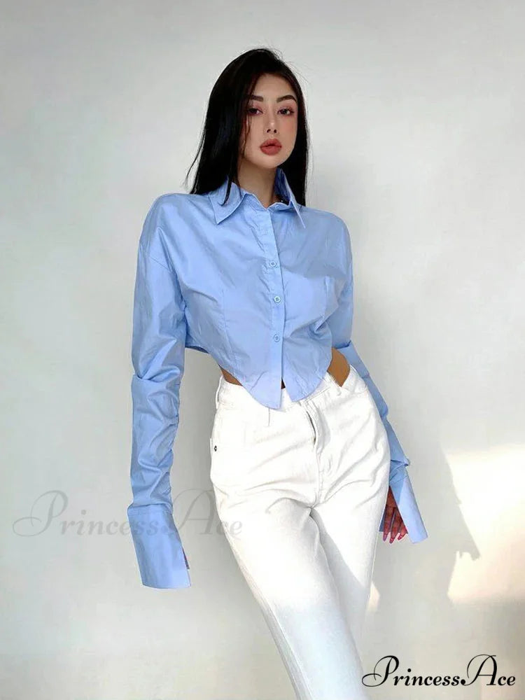 Korean Fashion Long Sleeve Button Crop Blouse blouse-250126