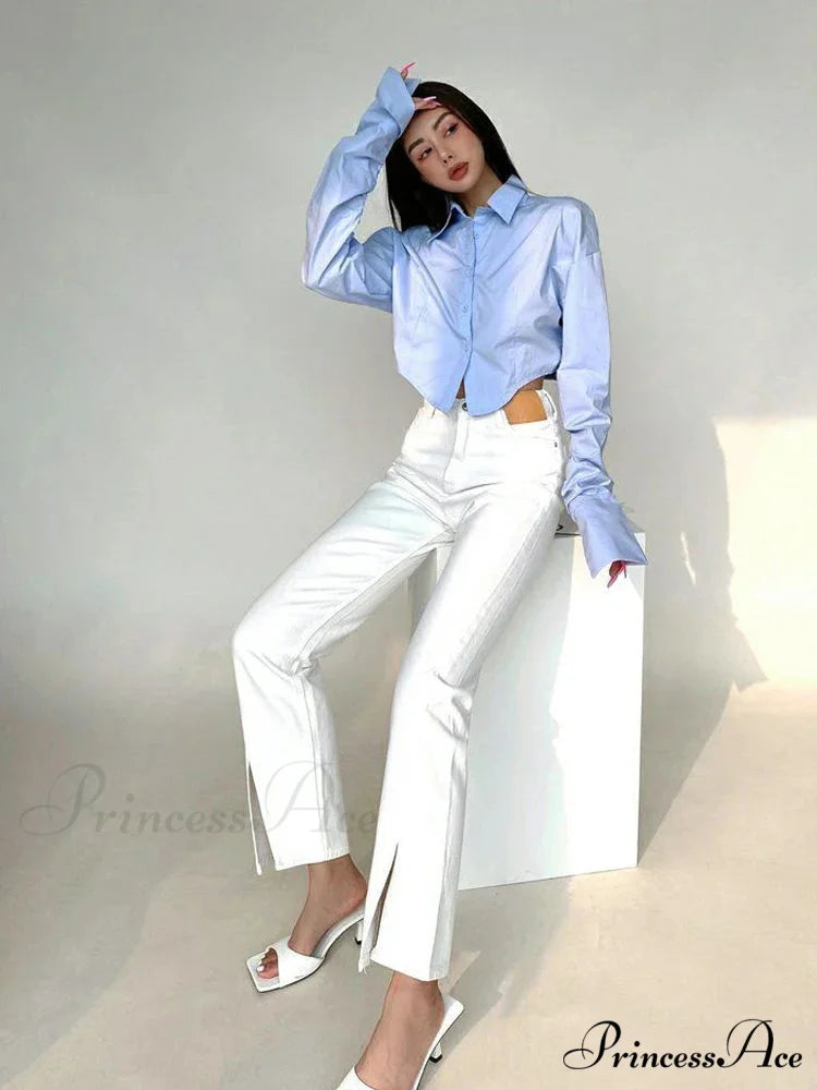 Korean Fashion Long Sleeve Button Crop Blouse blouse-250126