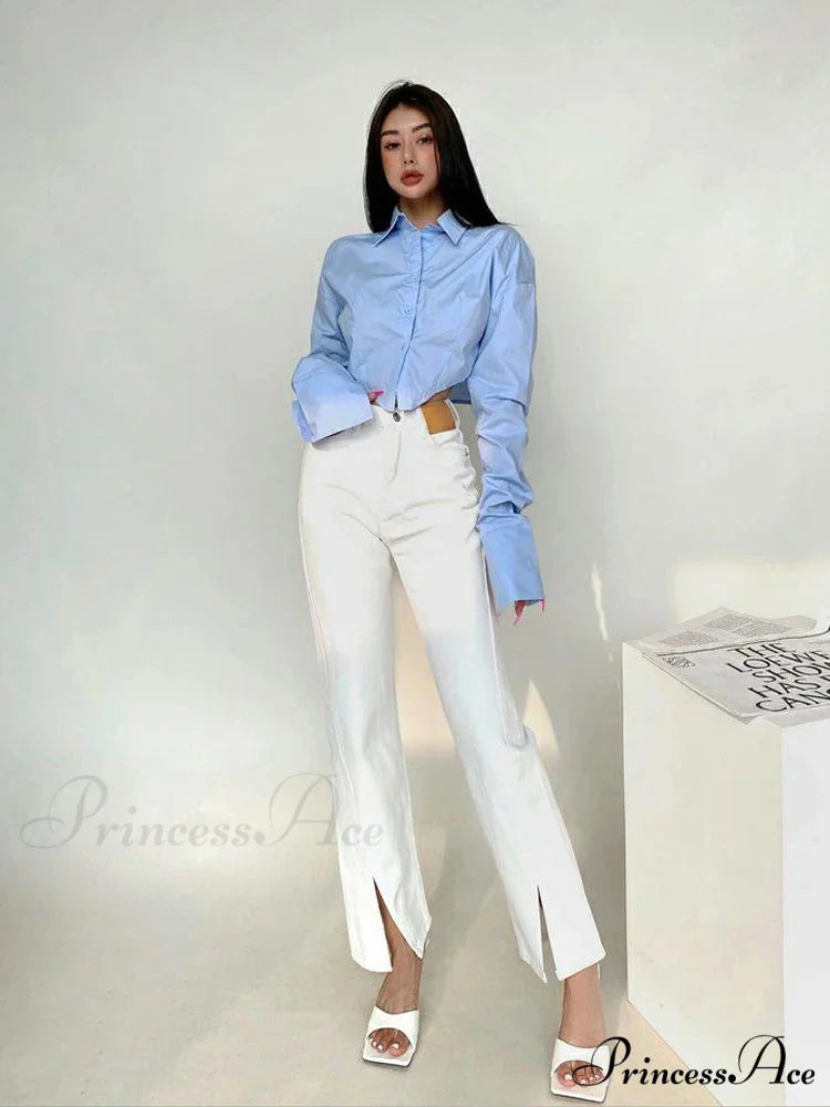 Korean Fashion Long Sleeve Button Crop Blouse blouse-250126