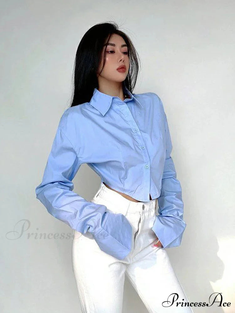 Korean Fashion Long Sleeve Button Crop Blouse Blue / M blouse-250126