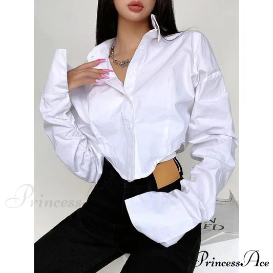 Korean Fashion Long Sleeve Button Crop Blouse White / M blouse-250126