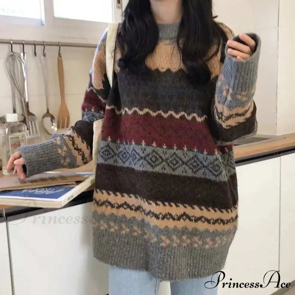 Korean Fashion Striped Baggy Jumper Grey / One Size swraters-241228