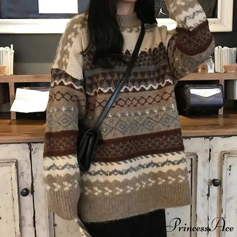 Korean Fashion Striped Baggy Jumper Khaki / One Size swraters-241228