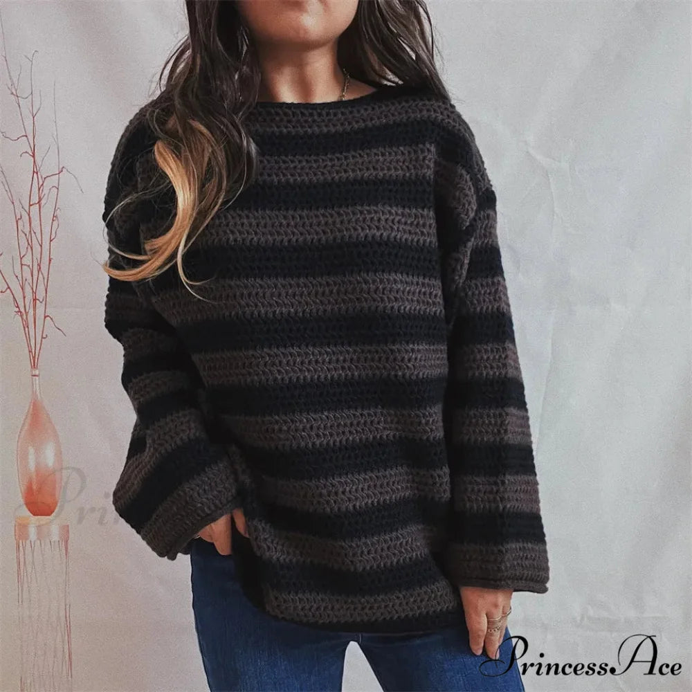Korean Fashion Striped Generous Sweater Brown / S swraters-241228