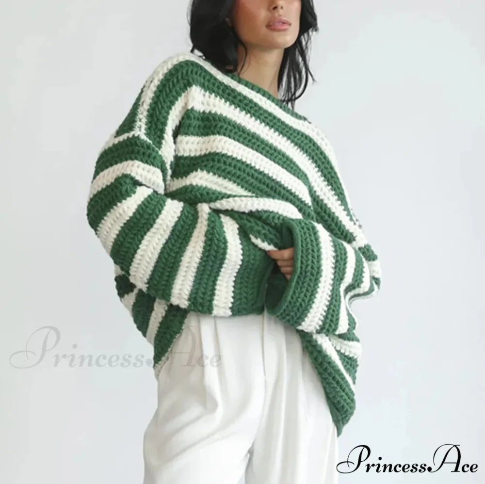 Korean Fashion Striped Generous Sweater Green / S swraters-241228