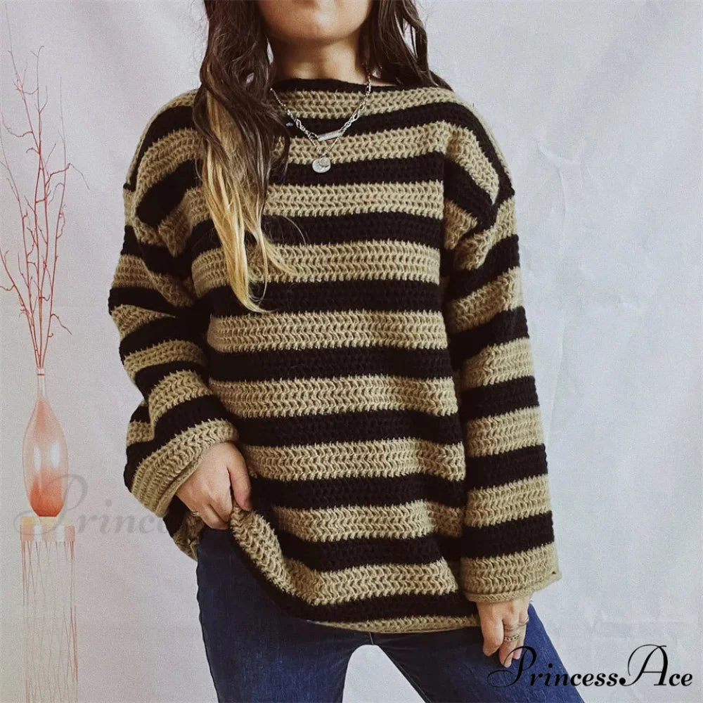 Korean Fashion Striped Generous Sweater Khaki / S swraters-241228