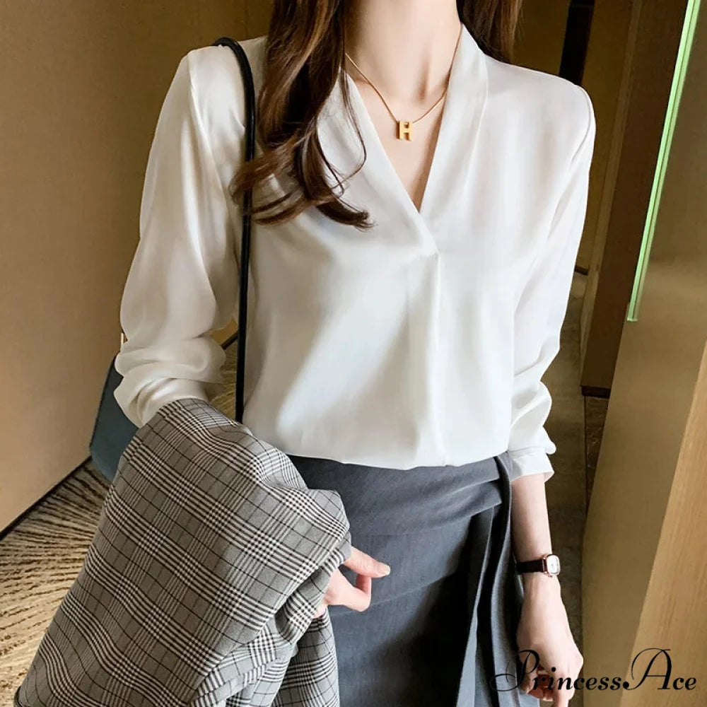 Korean Fashion V-neck Baggy Chiffon Work Blouse blouse-250126