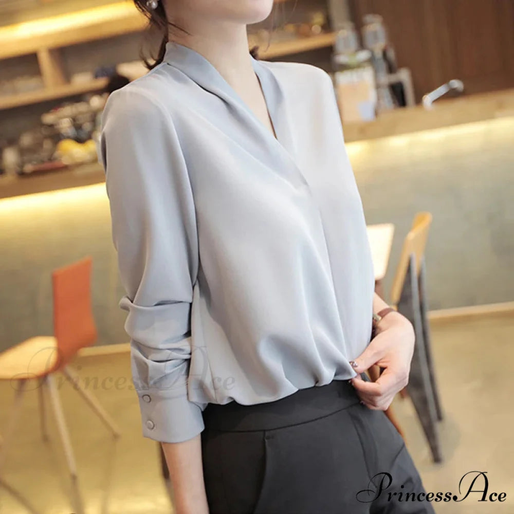 Korean Fashion V-neck Baggy Chiffon Work Blouse Gray-blue / S blouse-250126