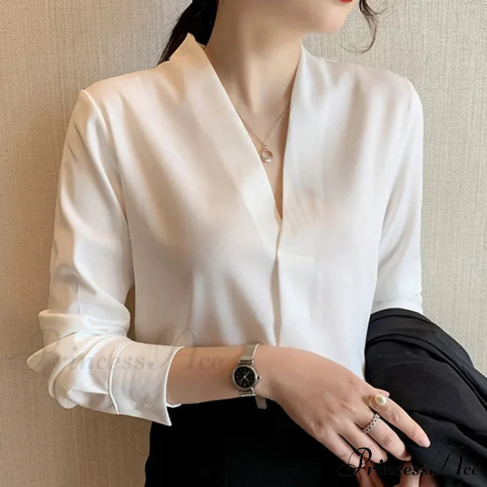 Korean Fashion V-neck Baggy Chiffon Work Blouse WHITE / S blouse-250126