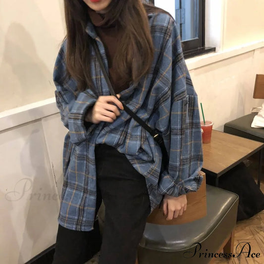 Korean Flannel Plaid Boyfriend Oversized Blouse Casual for Women Autumn Street Tunic Shirts Blouse Vintage Tops 1-BLUE