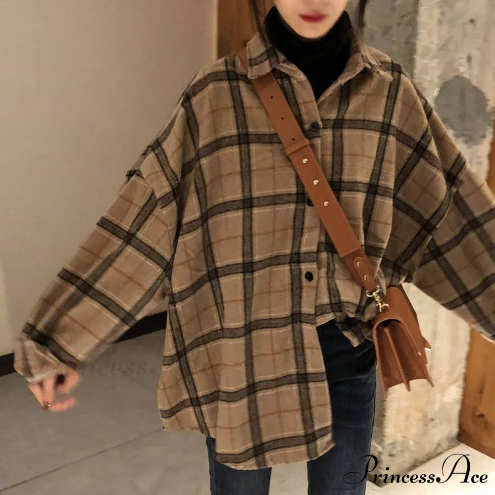 Korean Flannel Plaid Boyfriend Oversized Blouse Casual for Women Autumn Street Tunic Shirts Blouse Vintage Tops 1-KHAKI