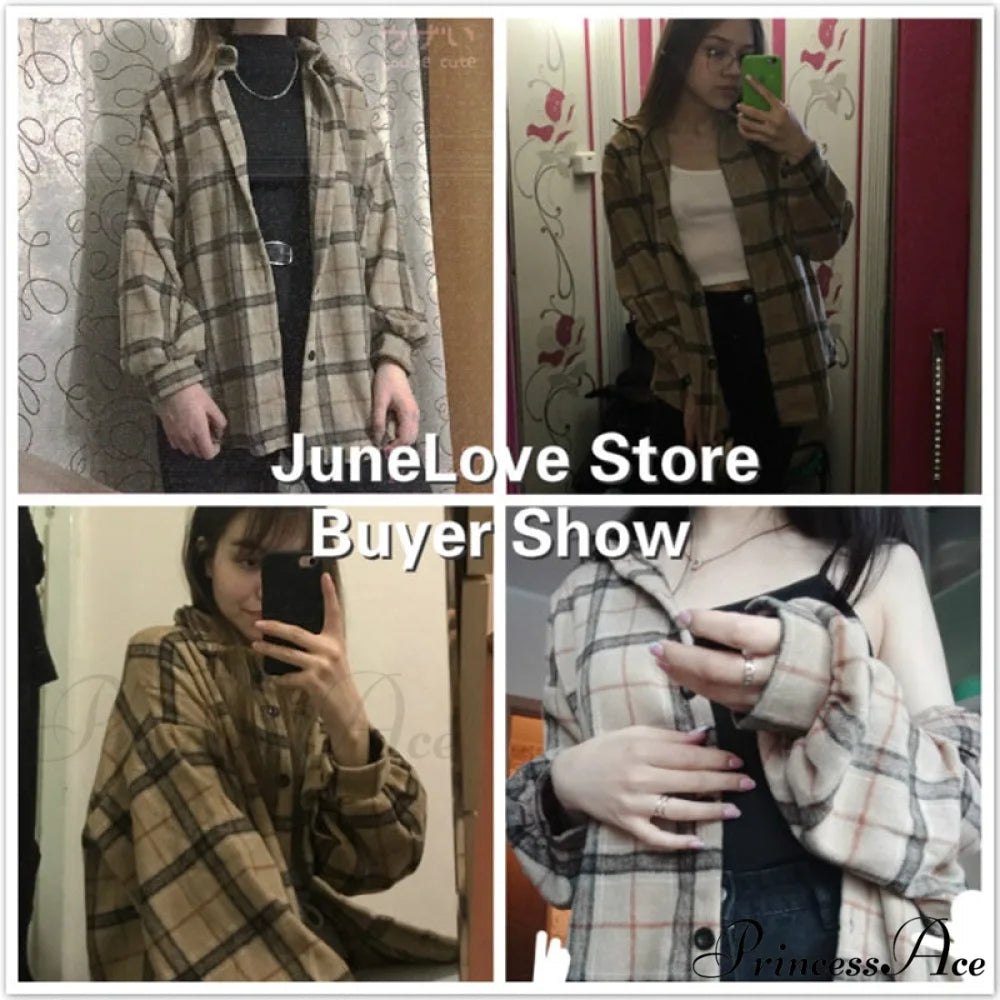 Korean Flannel Plaid Boyfriend Oversized Blouse Casual for Women Autumn Street Tunic Shirts Blouse Vintage Tops