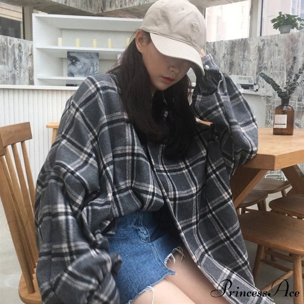 Korean Flannel Plaid Boyfriend Oversized Blouse Casual for Women Autumn Street Tunic Shirts Blouse Vintage Tops 3-BLACK