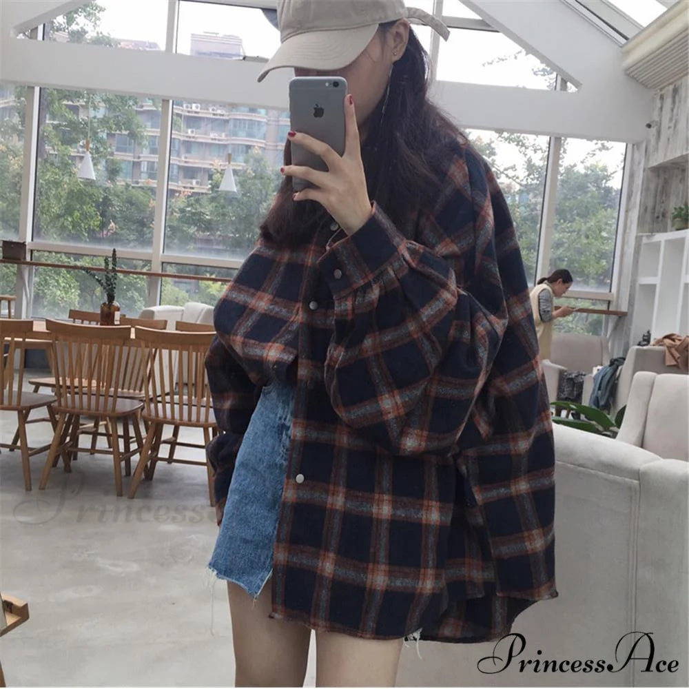 Korean Flannel Plaid Boyfriend Oversized Blouse Casual for Women Autumn Street Tunic Shirts Blouse Vintage Tops 3-RED