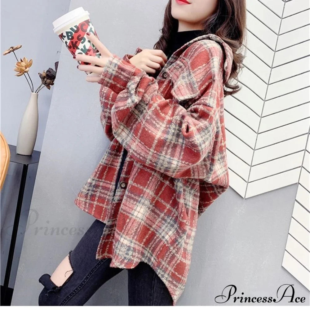 Korean Flannel Plaid Boyfriend Oversized Blouse Casual for Women Autumn Street Tunic Shirts Blouse Vintage Tops 4-RED