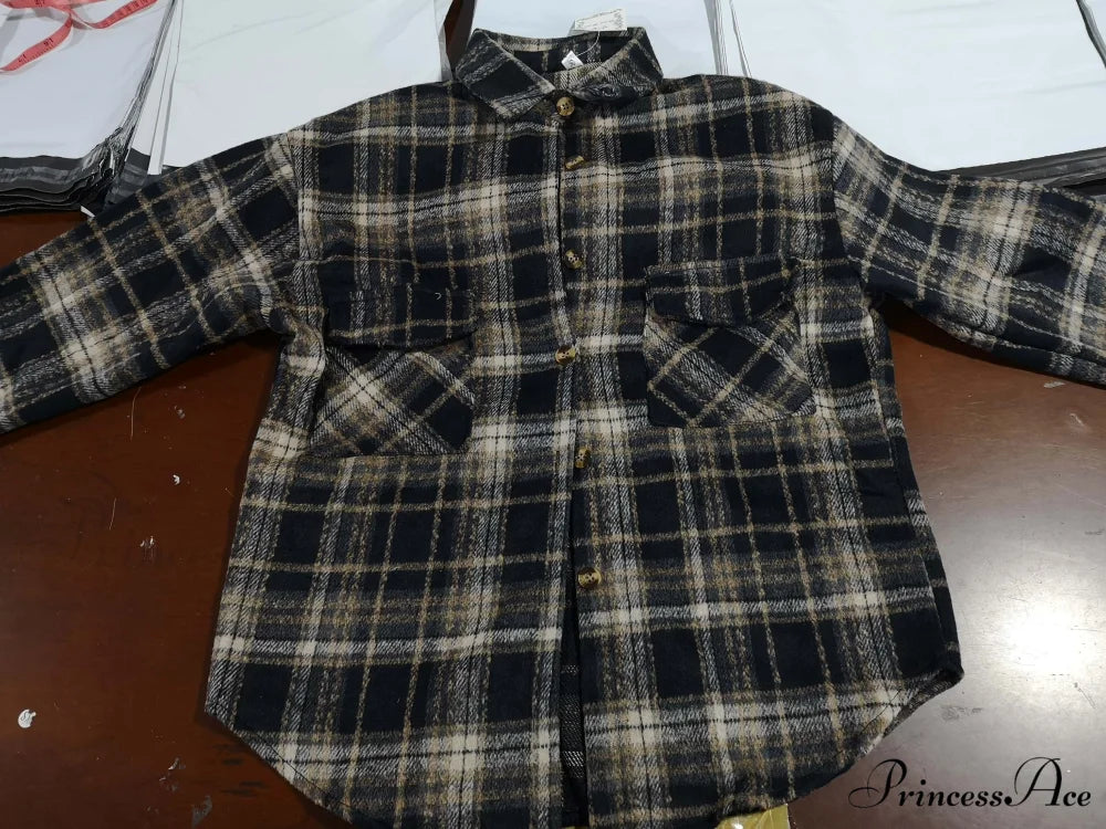 Korean Flannel Plaid Boyfriend Oversized Blouse Casual for Women Autumn Street Tunic Shirts Blouse Vintage Tops 5-BLACK