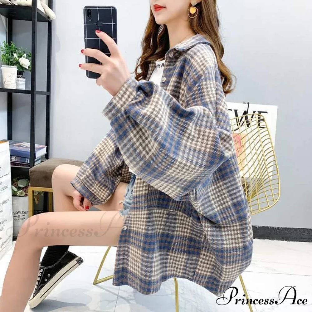 Korean Flannel Plaid Boyfriend Oversized Blouse Casual for Women Autumn Street Tunic Shirts Blouse Vintage Tops 6-BLUE