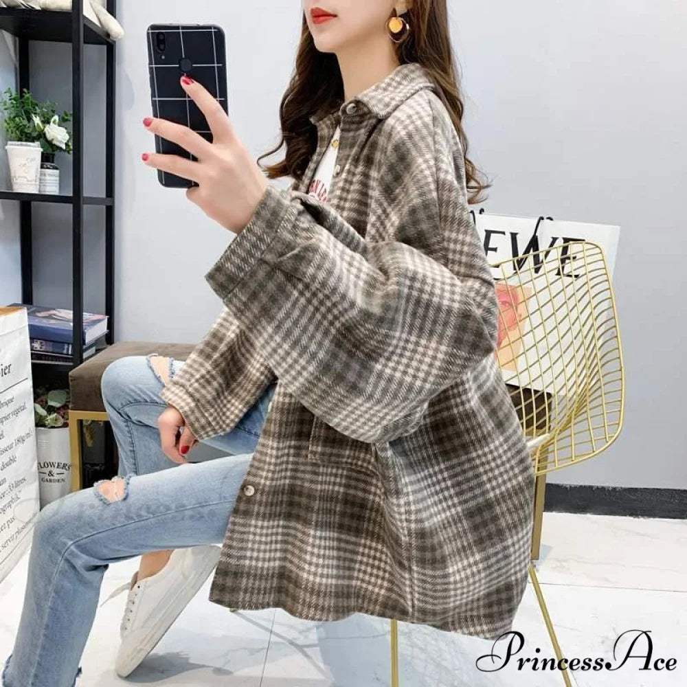 Korean Flannel Plaid Boyfriend Oversized Blouse Casual for Women Autumn Street Tunic Shirts Blouse Vintage Tops 6-GREEN