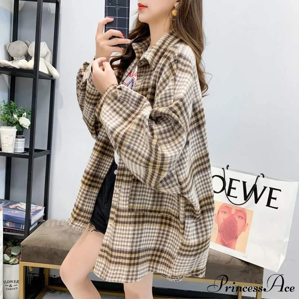 Korean Flannel Plaid Boyfriend Oversized Blouse Casual for Women Autumn Street Tunic Shirts Blouse Vintage Tops 6-KHAKI