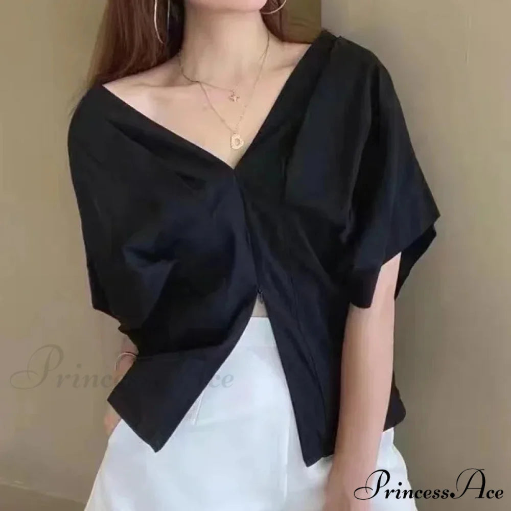 Korean Frill Design V-neck Short Sleeve Informal Blouse blouse-250126