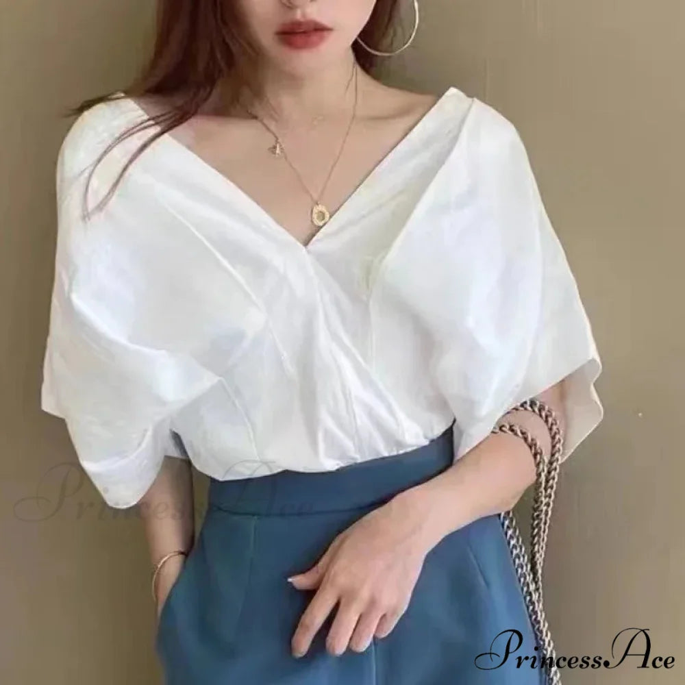 Korean Frill Design V-neck Short Sleeve Informal Blouse blouse-250126
