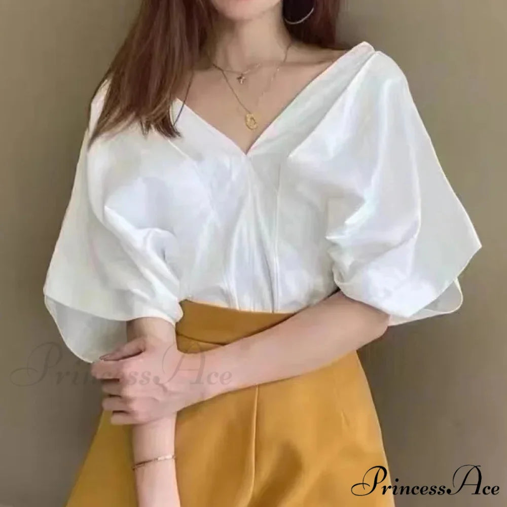 Korean Frill Design V-neck Short Sleeve Informal Blouse blouse-250126