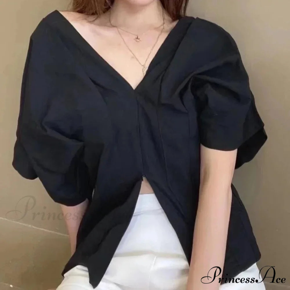 Korean Frill Design V-neck Short Sleeve Informal Blouse Black / One Size blouse-250126