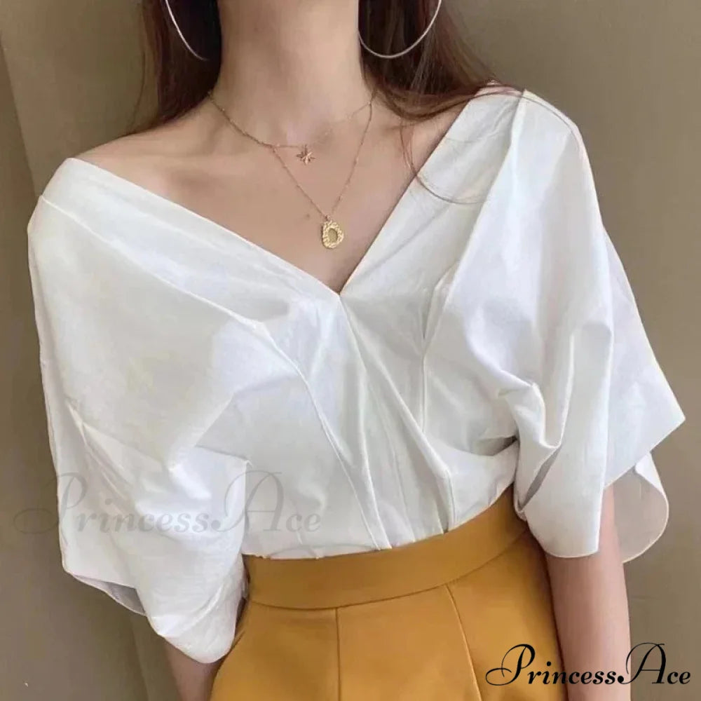 Korean Frill Design V-neck Short Sleeve Informal Blouse WHITE / One Size blouse-250126