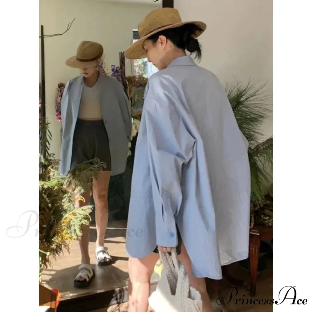 Korean Hip Hop Informal Azure Blouse Women Blouse blouse-250126