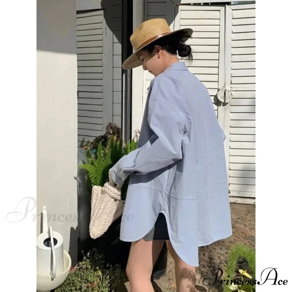 Korean Hip Hop Informal Azure Blouse Women Blouse blouse-250126