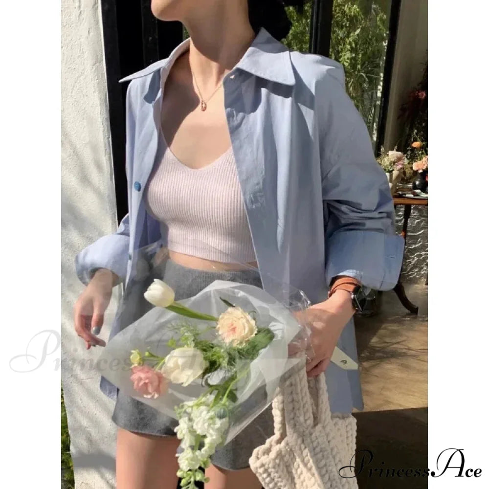 Korean Hip Hop Informal Azure Blouse Women Blouse Blue / M blouse-250126