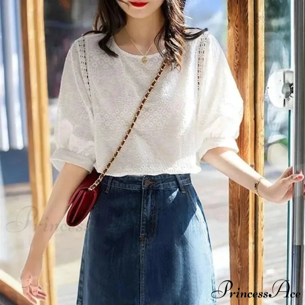 Korean Lantern Sleeve Embroidered Cotton Lace Blouse Modified Title: Korean Lantern Sleeve Decorated Cotton Lace Blouse