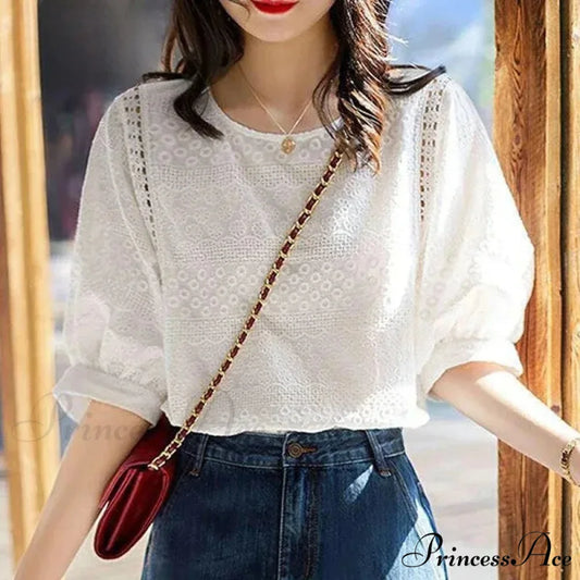 Korean Lantern Sleeve Embroidered Cotton Lace Blouse Modified Title: Korean Lantern Sleeve Decorated Cotton Lace Blouse
