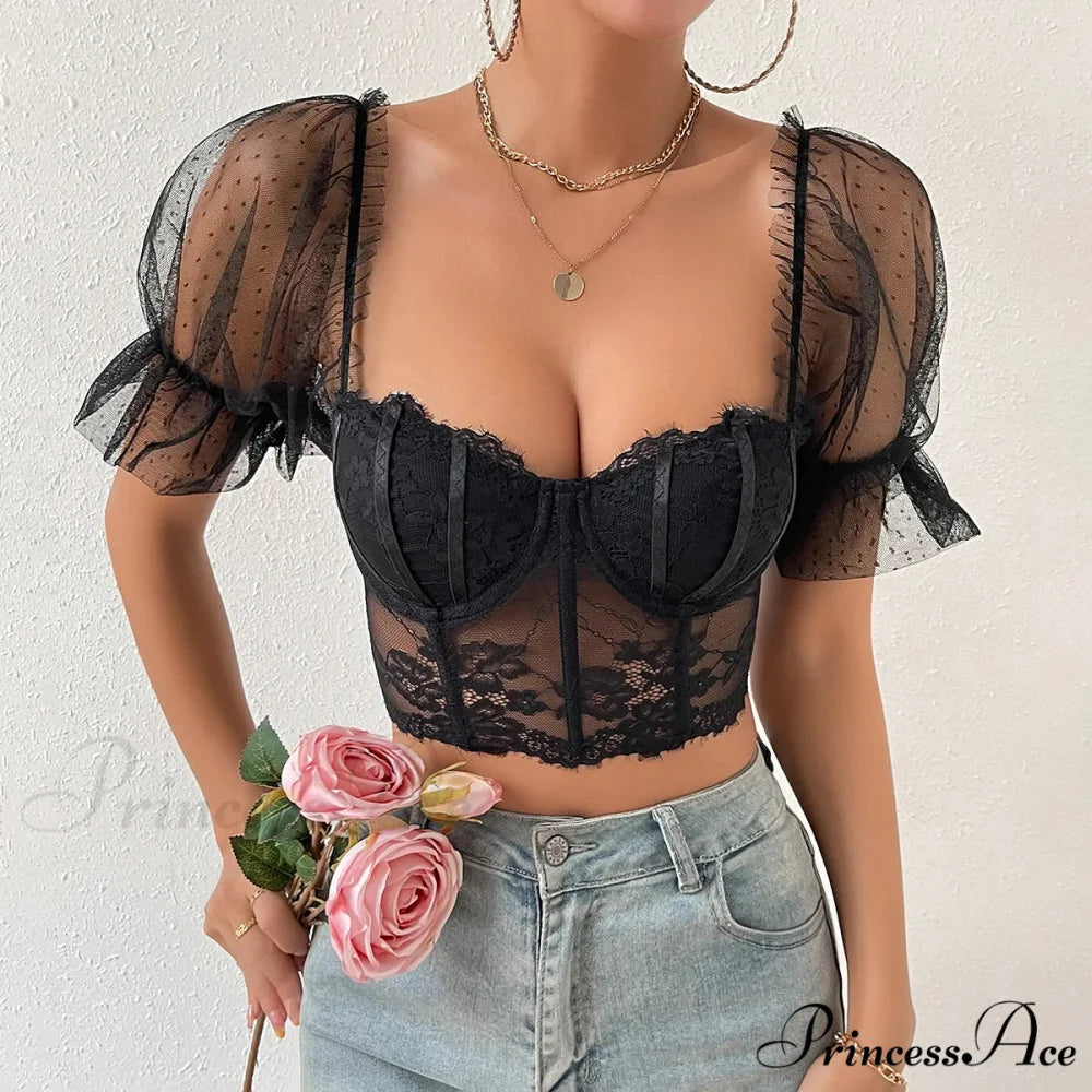Korean Net Transparent Puff Sleeve Lace Crop Top Black / S croptop-250126
