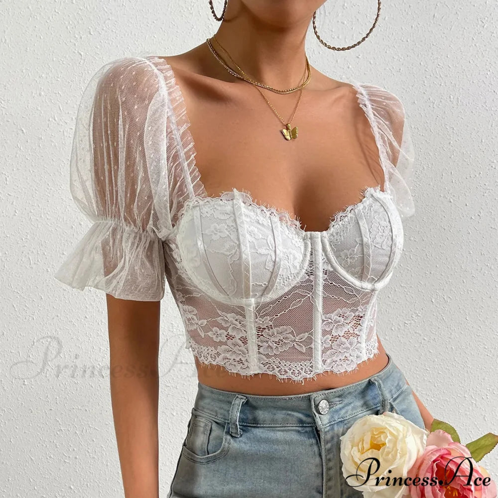 Korean Net Transparent Puff Sleeve Lace Crop Top croptop-250126