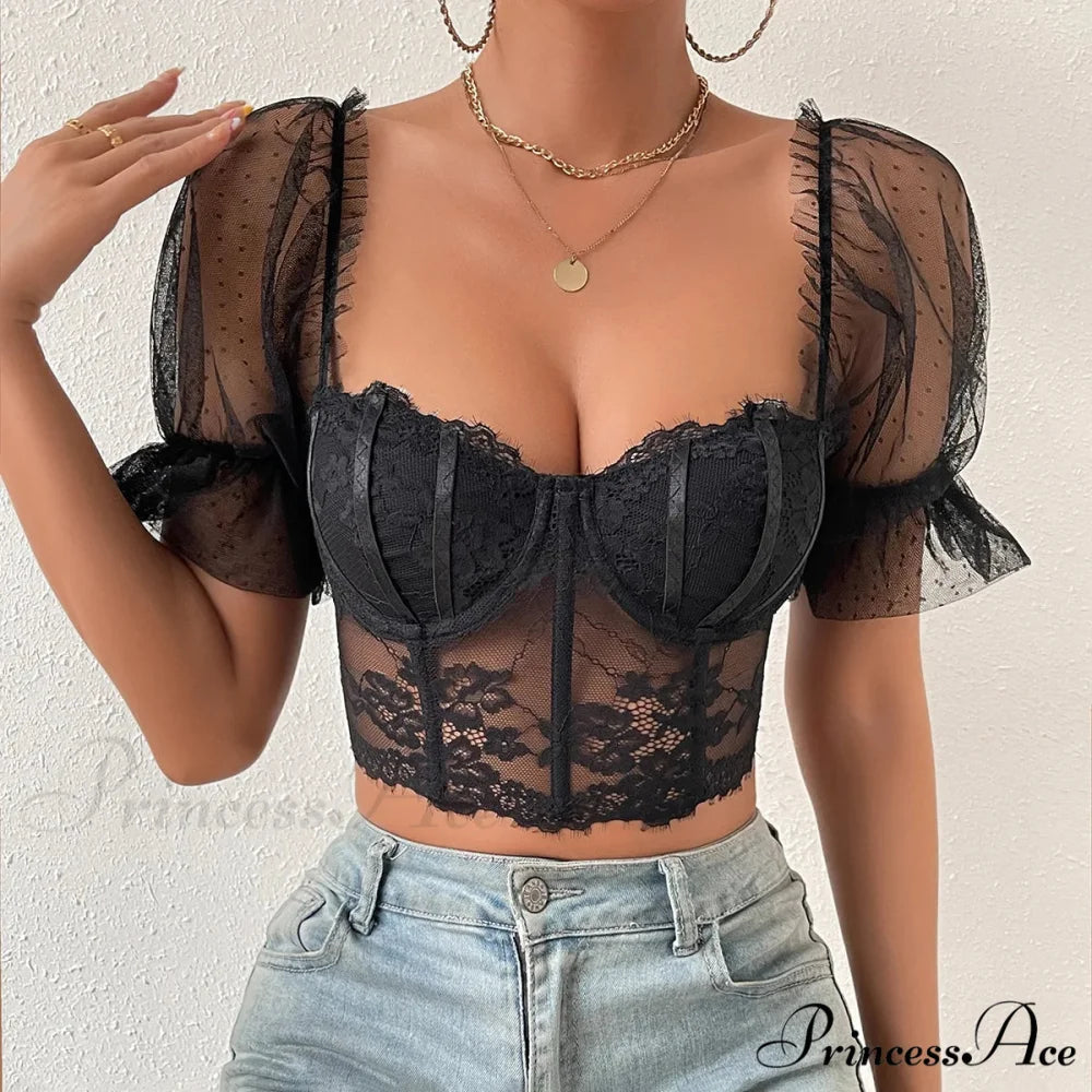 Korean Net Transparent Puff Sleeve Lace Crop Top croptop-250126