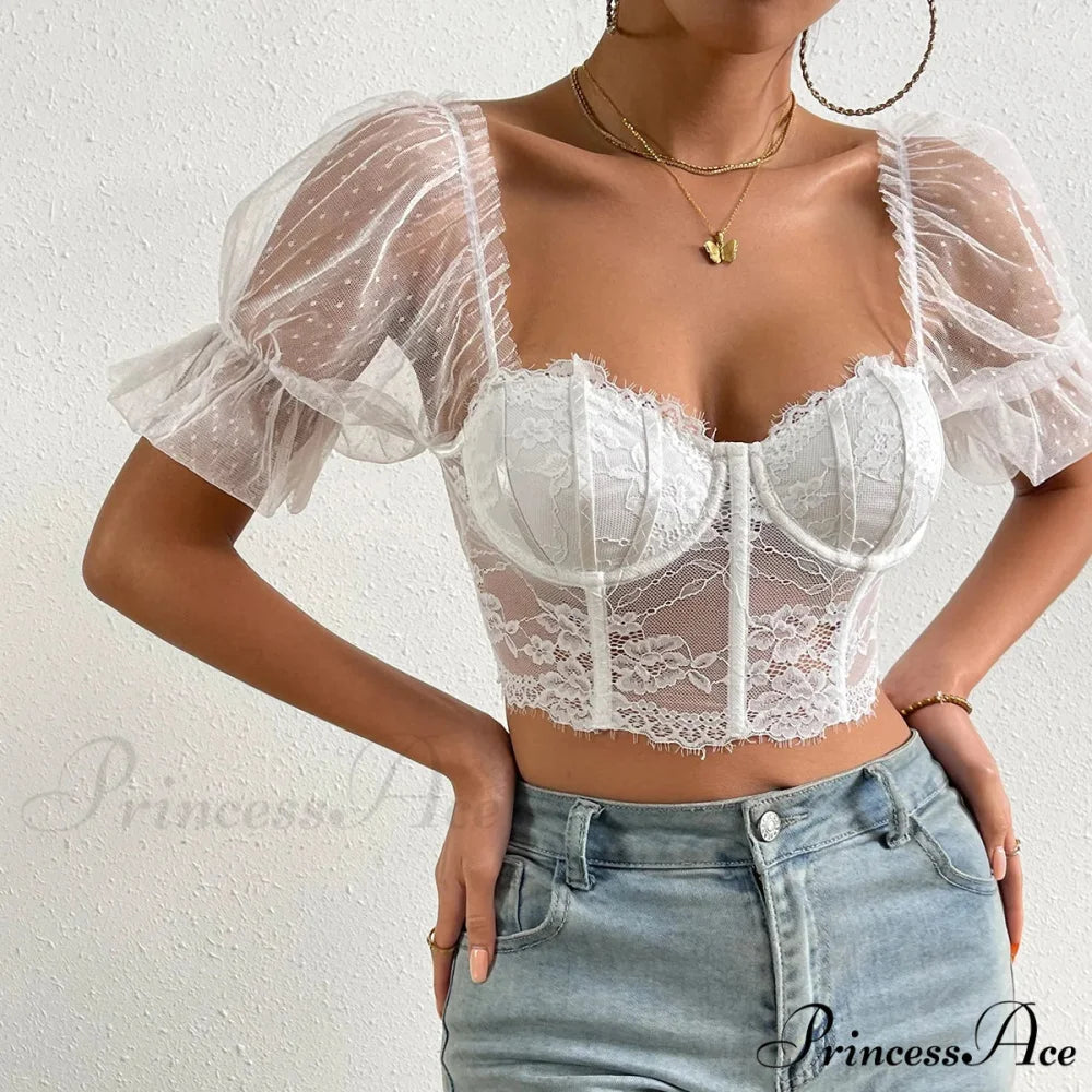 Korean Net Transparent Puff Sleeve Lace Crop Top croptop-250126