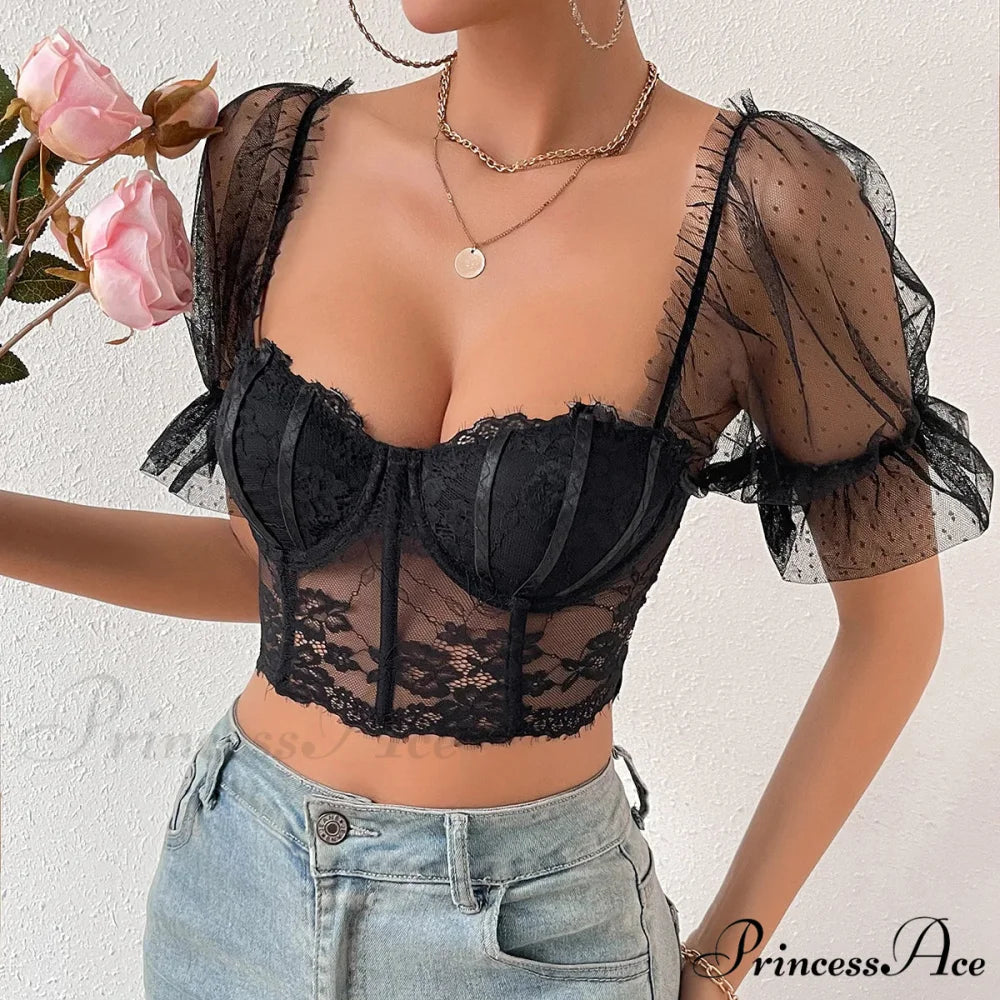Korean Net Transparent Puff Sleeve Lace Crop Top croptop-250126