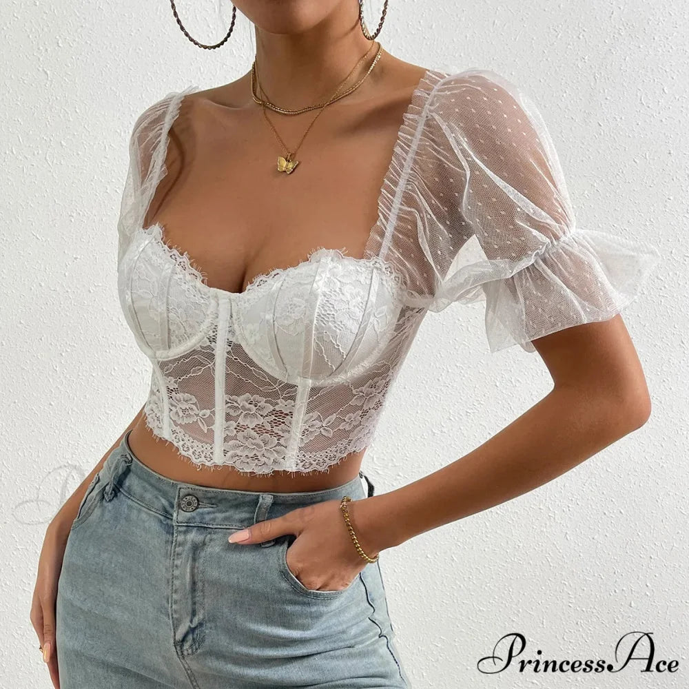 Korean Net Transparent Puff Sleeve Lace Crop Top White / S croptop-250126