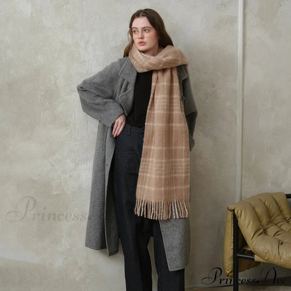 Korean Premium 30% Wool Red Plaid Tassels Mohair Warm Scarf khaki