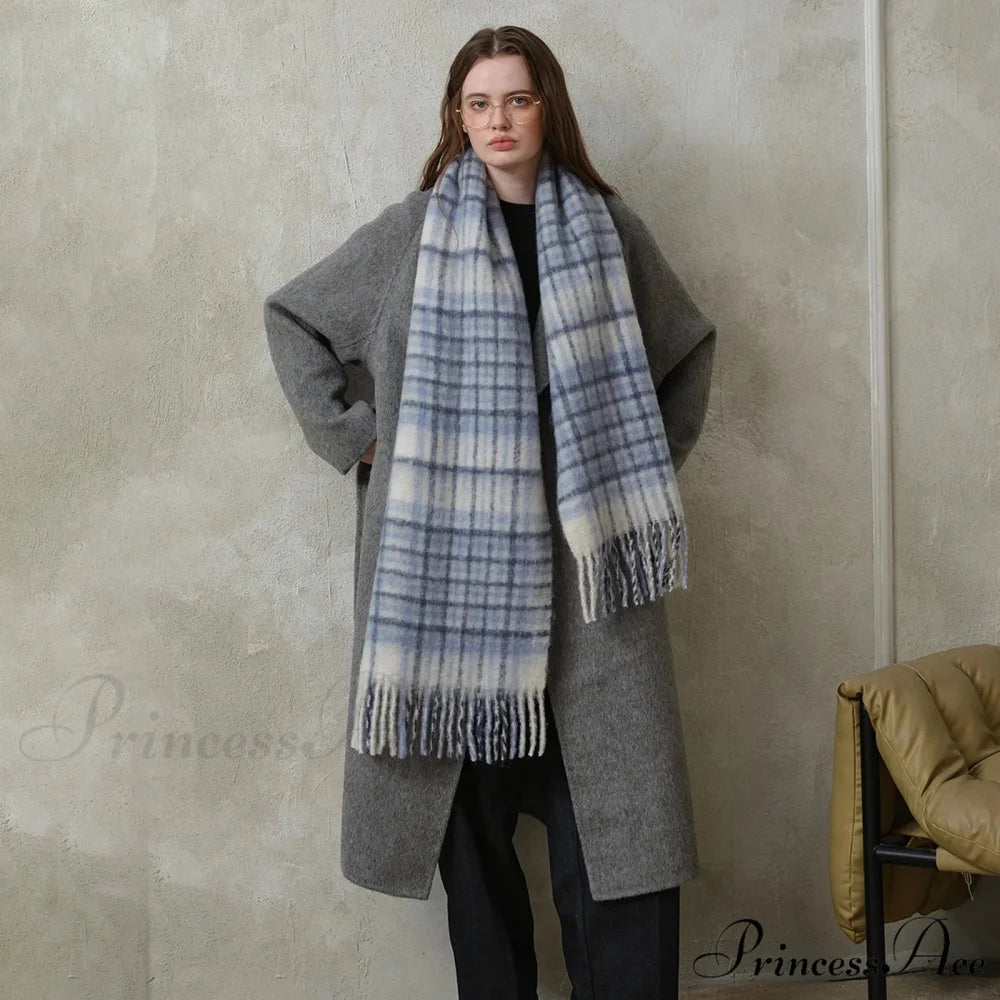 Korean Premium 30% Wool Red Plaid Tassels Mohair Warm Scarf navy and blue