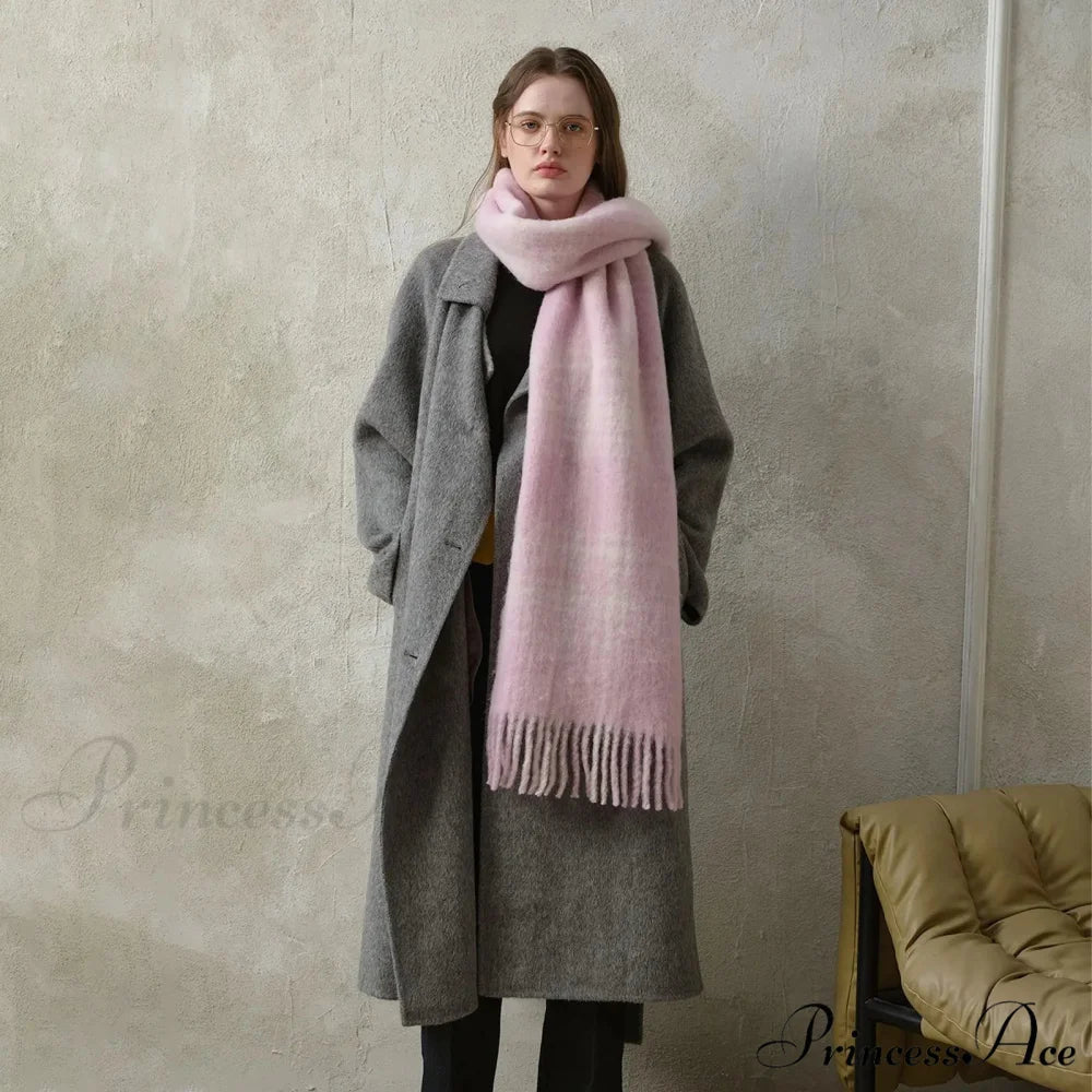 Korean Premium 30% Wool Red Plaid Tassels Mohair Warm Scarf Pink white