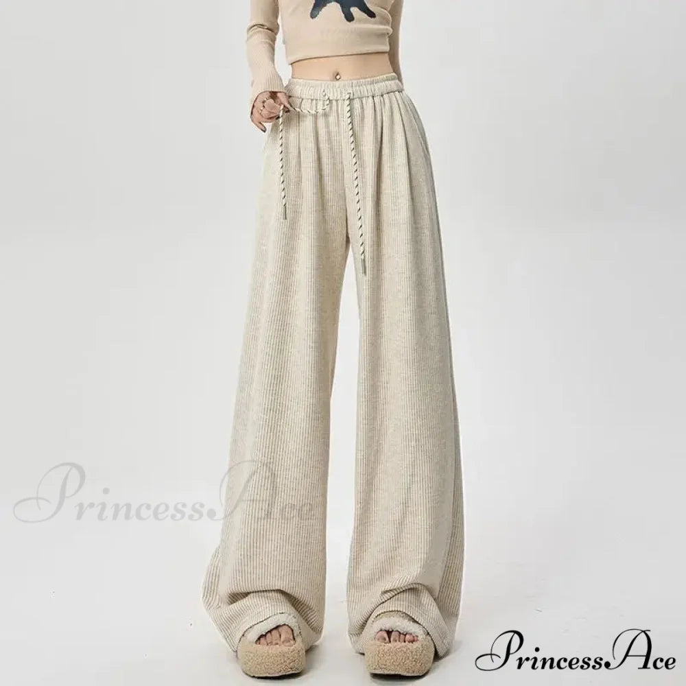 Korean Stripes Tall Waist Drawstring Trousers APRICOT / S pants-241228