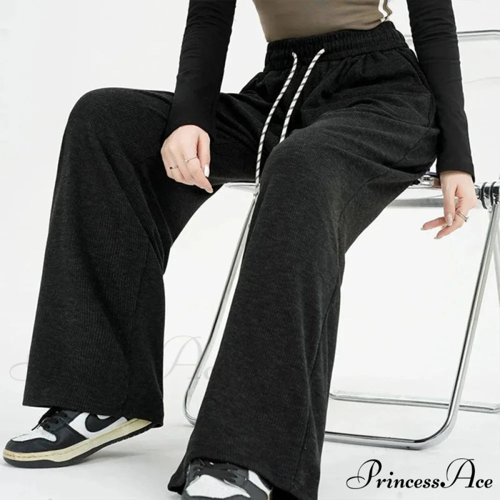 Korean Stripes Tall Waist Drawstring Trousers Black / S pants-241228