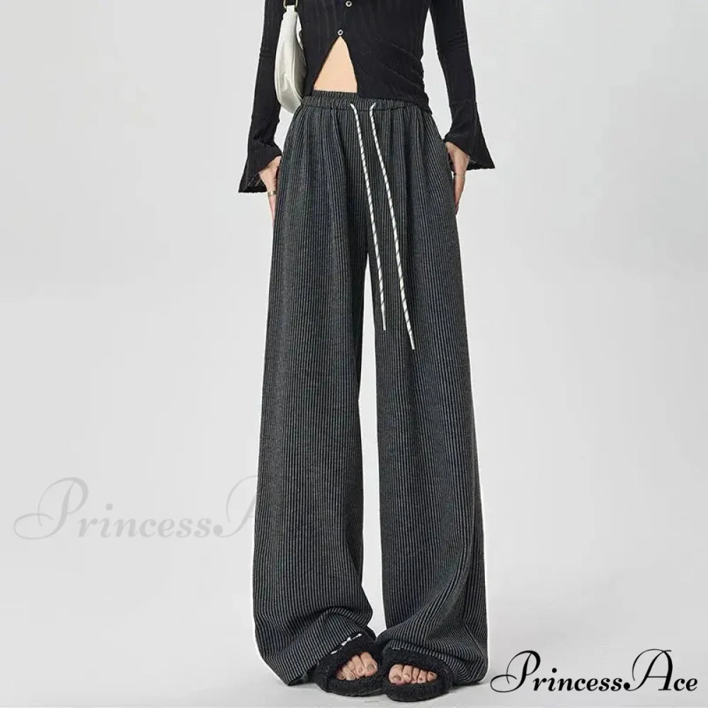 Korean Stripes Tall Waist Drawstring Trousers Dark Grey / S pants-241228