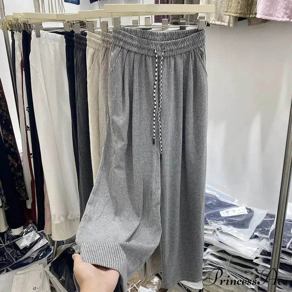 Korean Stripes Tall Waist Drawstring Trousers LIGHT GRAY / S pants-241228