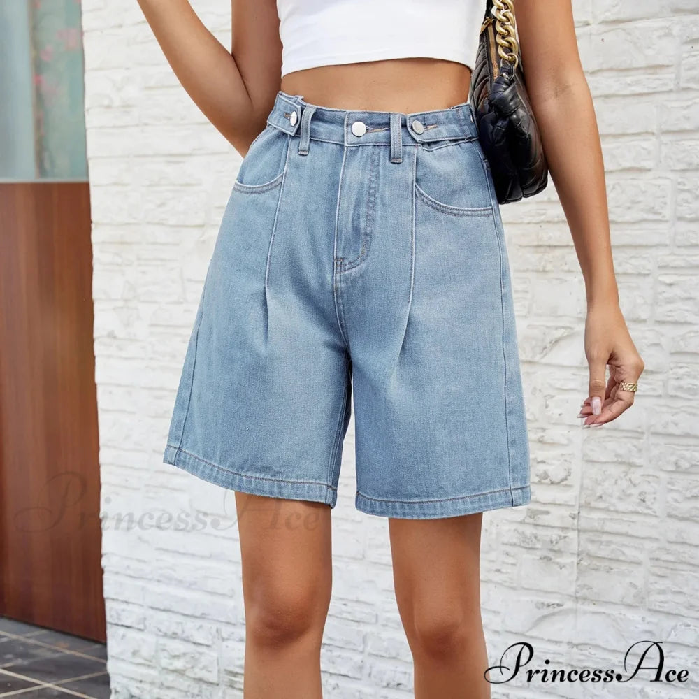 Korean Style Classic Comfortable Adjustable Quarter Blue High Waisted Wide Leg Short Light Blue / S