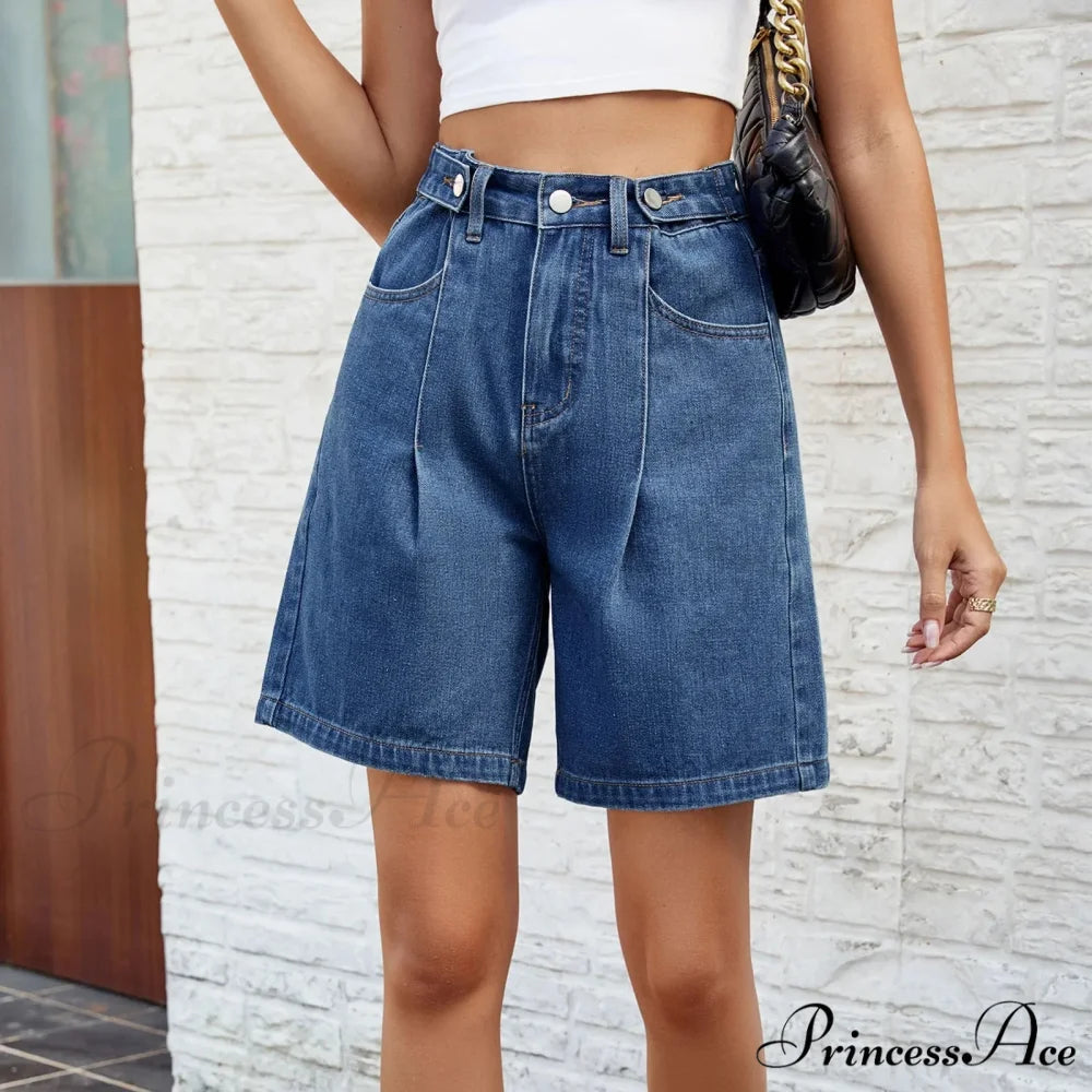 Korean Style Classic Comfortable Adjustable Quarter Blue High Waisted Wide Leg Short Blue / S